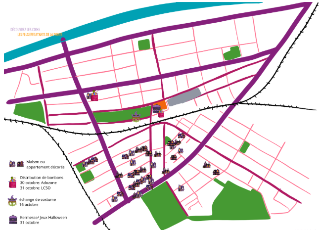 Carte du quartier indiquant les maisons décorées et la kermesse d'Halloween de LCSO